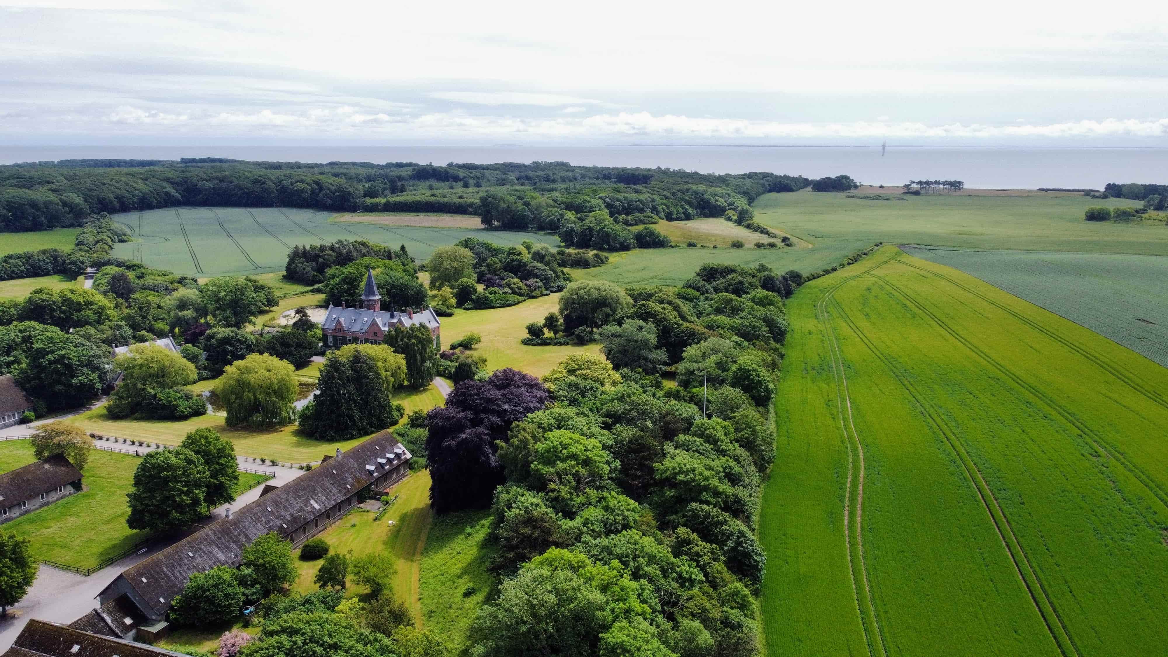 Brattingsborg Skov set fra luften — skov og marker ved godset