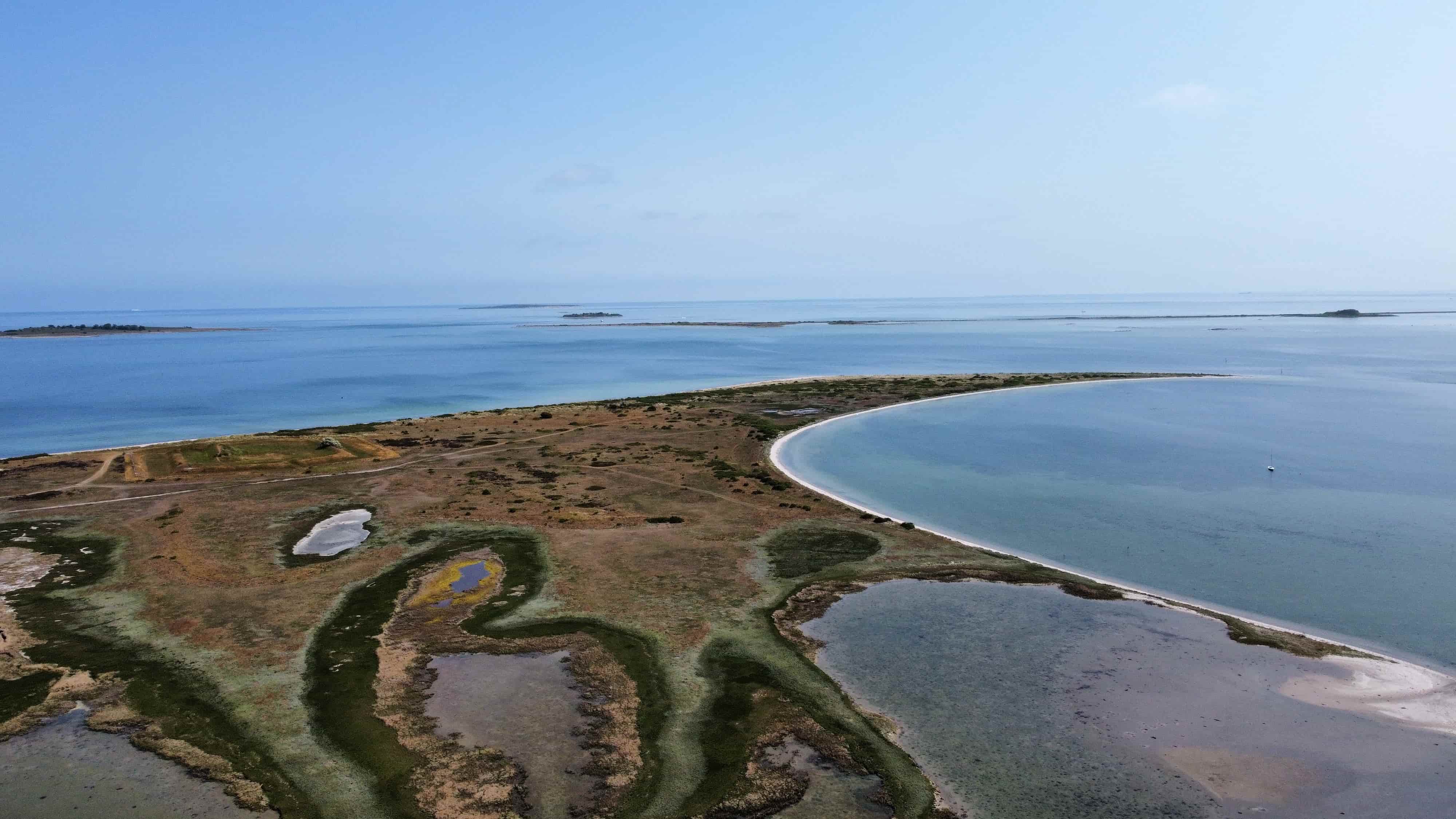 Lilleøre strand set fra drone — den buede hvide sandstrand, strandengene og Stavns Fjords holme i baggrunden