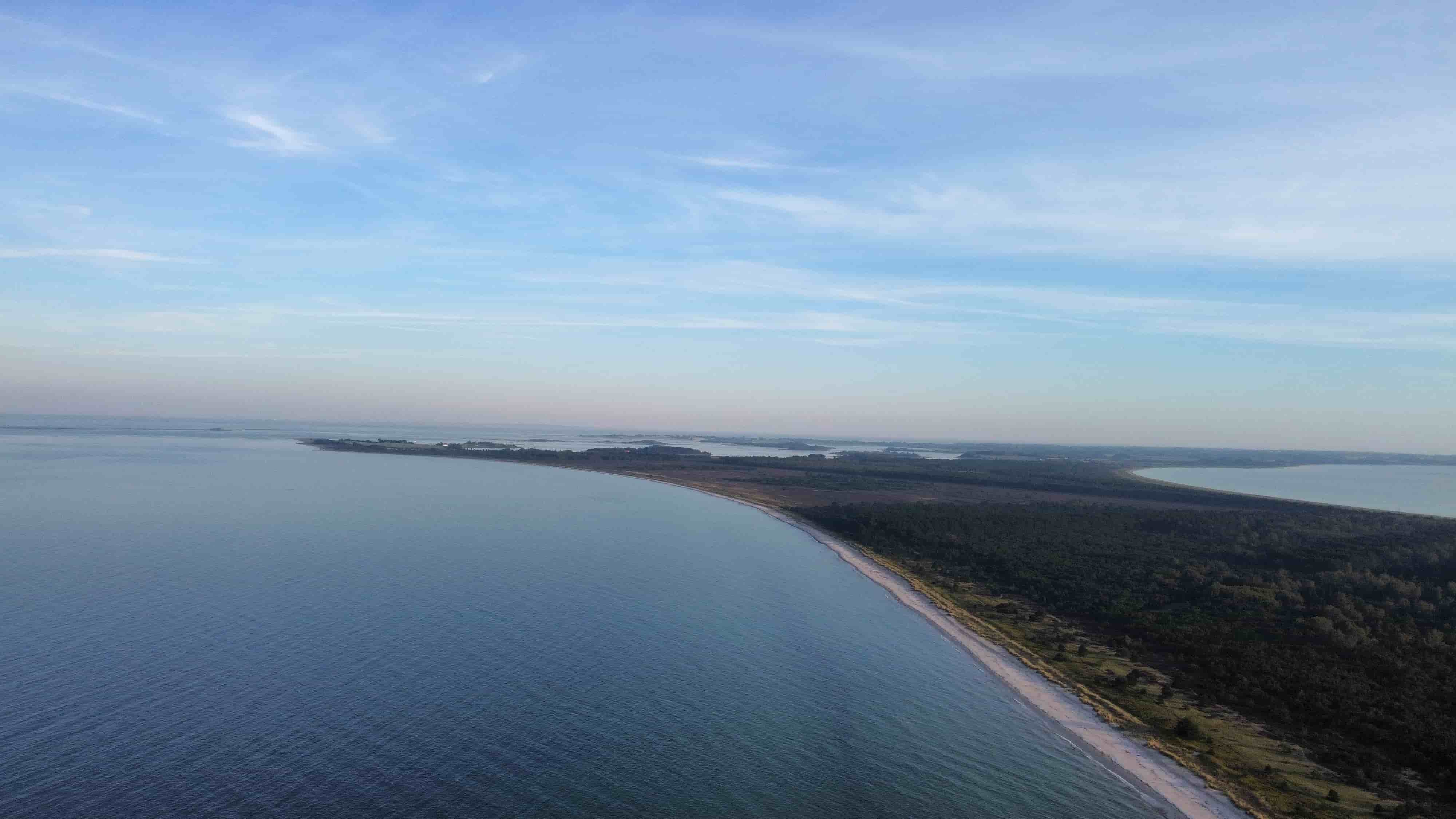 Kysten nord for Mårup set fra drone — den smalle sandstrand mellem skov og hav